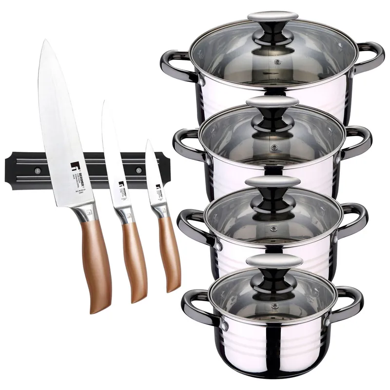 Bateria 8pc acero inoxidable apta para inducción Colección San Ignacio Premium +Set de 3 Cuchillos en acero inoxidable con Soporte magnético - Cocina