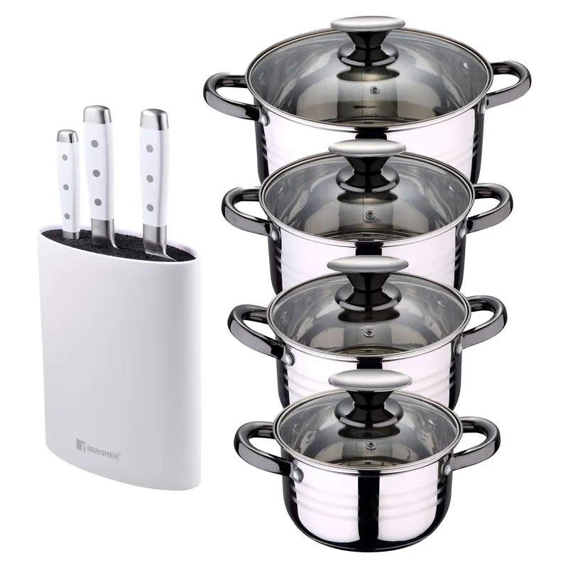 Bateria 8pc acero inoxidable apta para inducción Colección San Ignacio Premium +Juego de 3 Cuchillos de acero inoxidable + Tacoma en color Blanco - Cocina