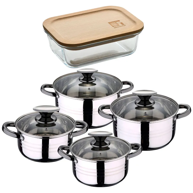 Bateria 8pc acero inoxidable apta para inducción Colección San Ignacio Premium + Bergner NATURALLY Hermético de 650ml en vidrio de borosilicato - Cocina