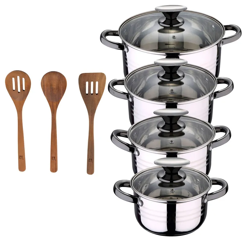 Bateria 8pc acero inoxidable apta para inducción Colección San Ignacio Premium + San Ignacio AGROS Set 3pc utensilios cocina madera acacia