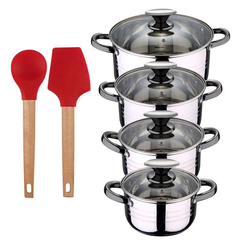 Bateria 8pc acero inoxidable apta para inducción Colección San Ignacio Premium + Bergner EXCALIBUR Juego de 2 utensilios de cocina