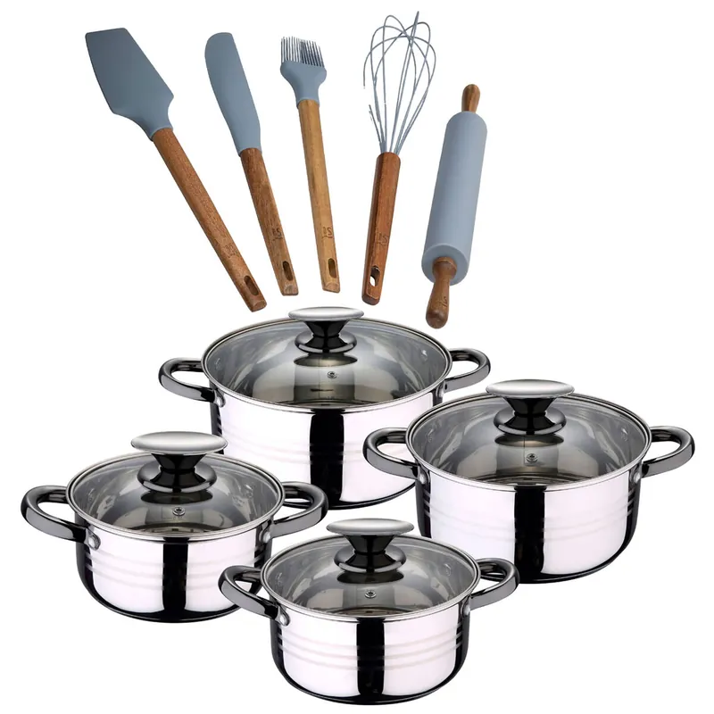 Bateria 8pc acero inoxidable apta para inducción Colección San Ignacio Premium + Set de 5 Utensilios de Cocina de Silicona y Madera