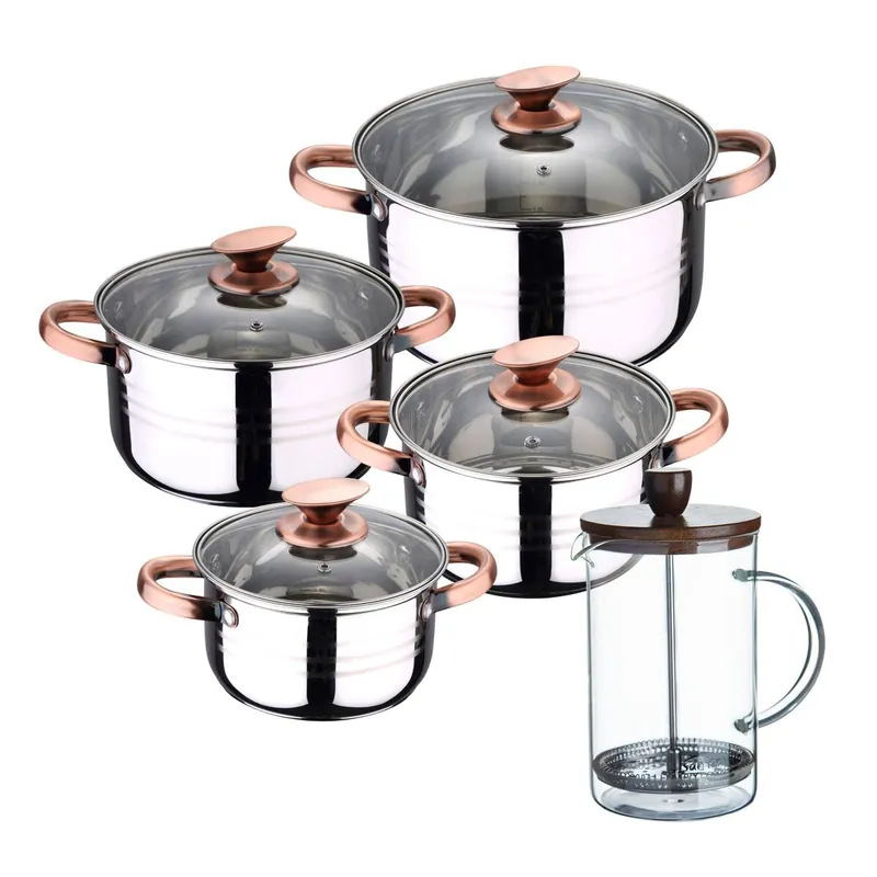 Bateria 8pc acero inoxidable apta para inducción Colección San Ignacio Premium + Cafetera de émbolo de vidrio borosilicato 15,8x10x18,8cm - Cocina