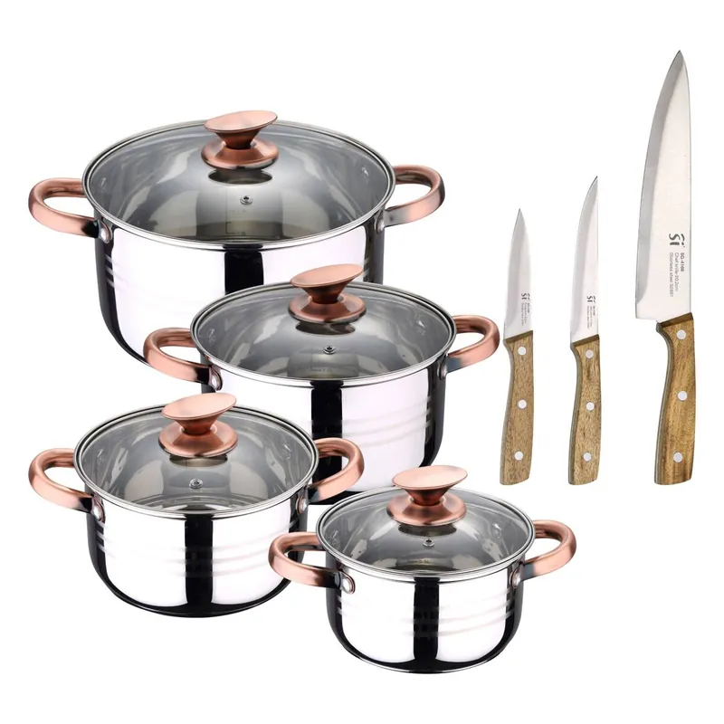Bateria 8pc acero inoxidable apta para inducción Colección San Ignacio Premium + Set de 3 cuchillos de acero inoxidable para cocina NOIA San Ignacio
