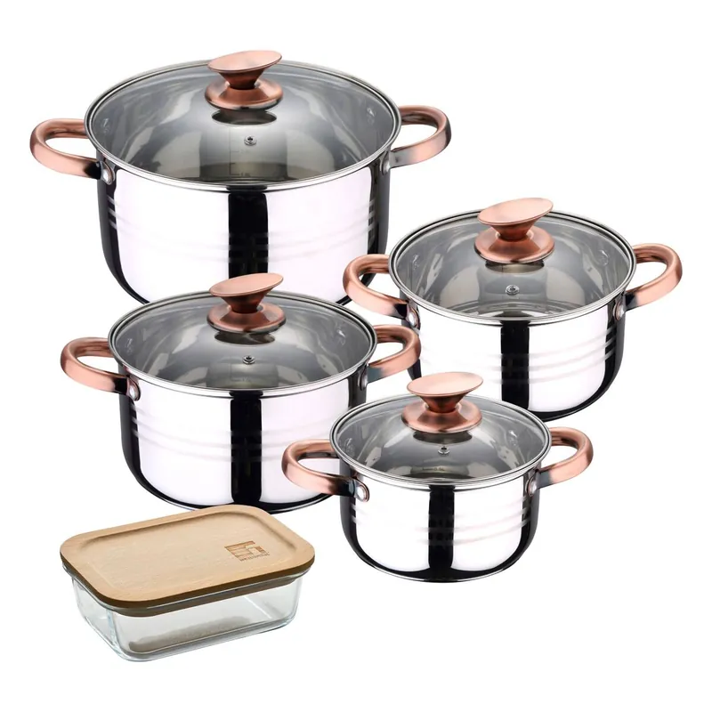 Bateria 8pc acero inoxidable apta para inducción Colección San Ignacio Premium + Bergner NATURALLY Hermético de 650ml en vidrio de borosilicato - Cocina
