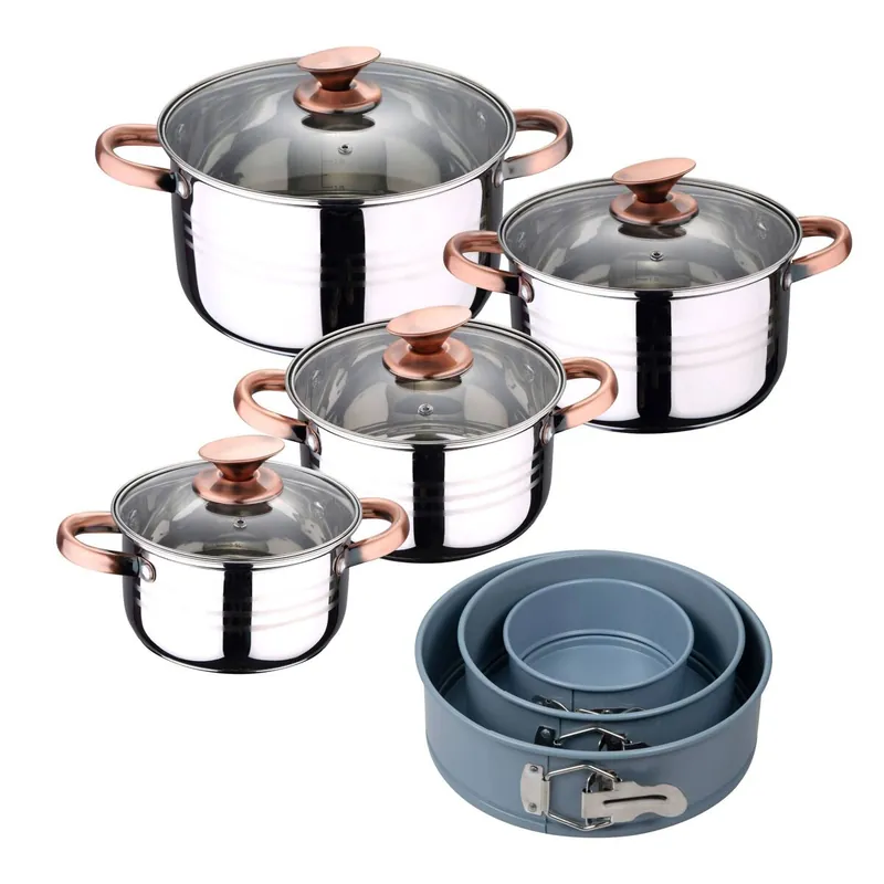 Bateria 8pc acero inoxidable apta para inducción Colección San Ignacio Premium + Juego de 3 moldes de horno redondos Ø12Ø18Ø22cm NOIA San Ignacio - Cocina