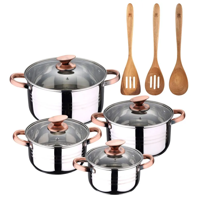 Bateria 8pc acero inoxidable apta para inducción Colección San Ignacio Premium + Set 3pcs utensilios de cocina acacia SMART MasterPRO
