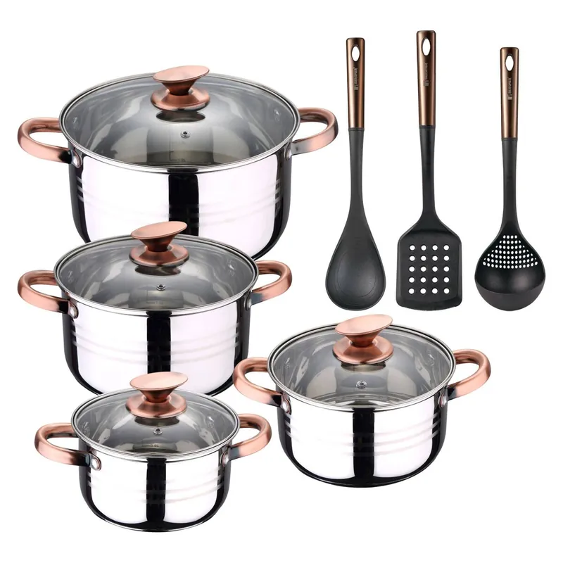Bateria 8pc acero inoxidable apta para inducción Colección San Ignacio Premium + Bergner Copper Set de 3 Utensilios de cocina en PBT negro y cobre