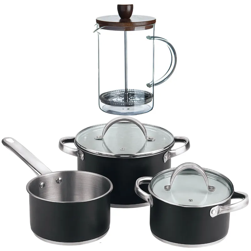 Bateria de cocina 5 pzs (2 cacerolas c/tapa + cazo) acero c/revestimineto+ Cafetera de émbolo de vidrio borosilicato 15,8x10x18,8cm NOIA San Ignacio