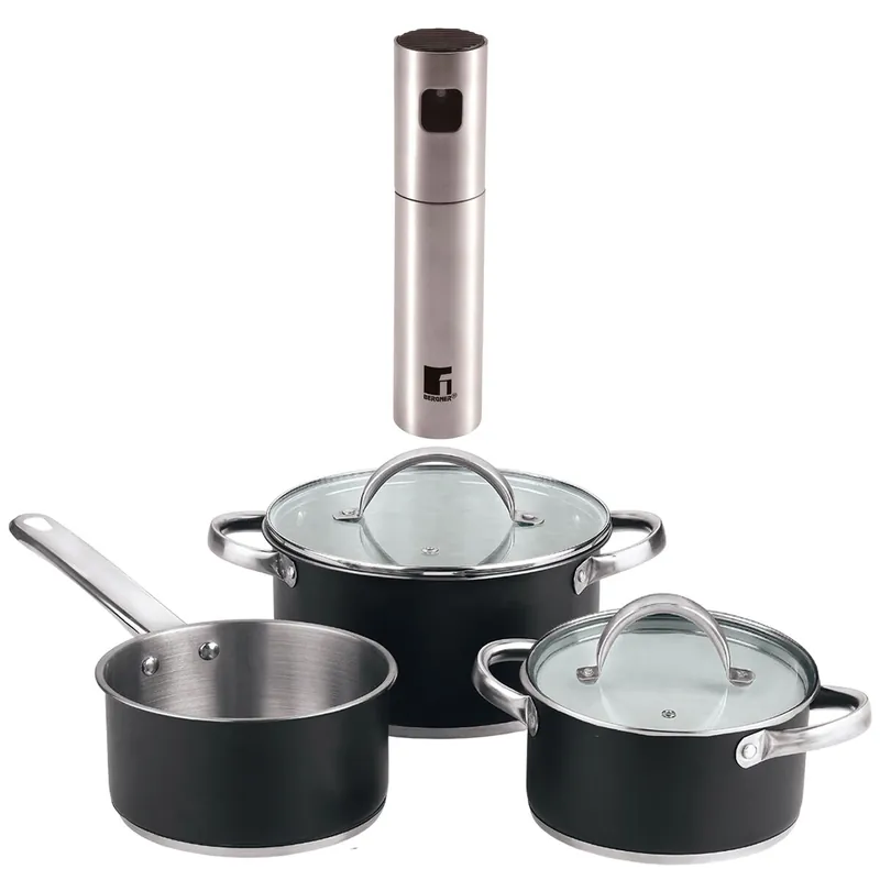 Bateria de cocina 5 pzs (2 cacerolas c/tapa + cazo) acero c/revestimineto+ Bergner Copper Pulverizador de Aceite y vinagre