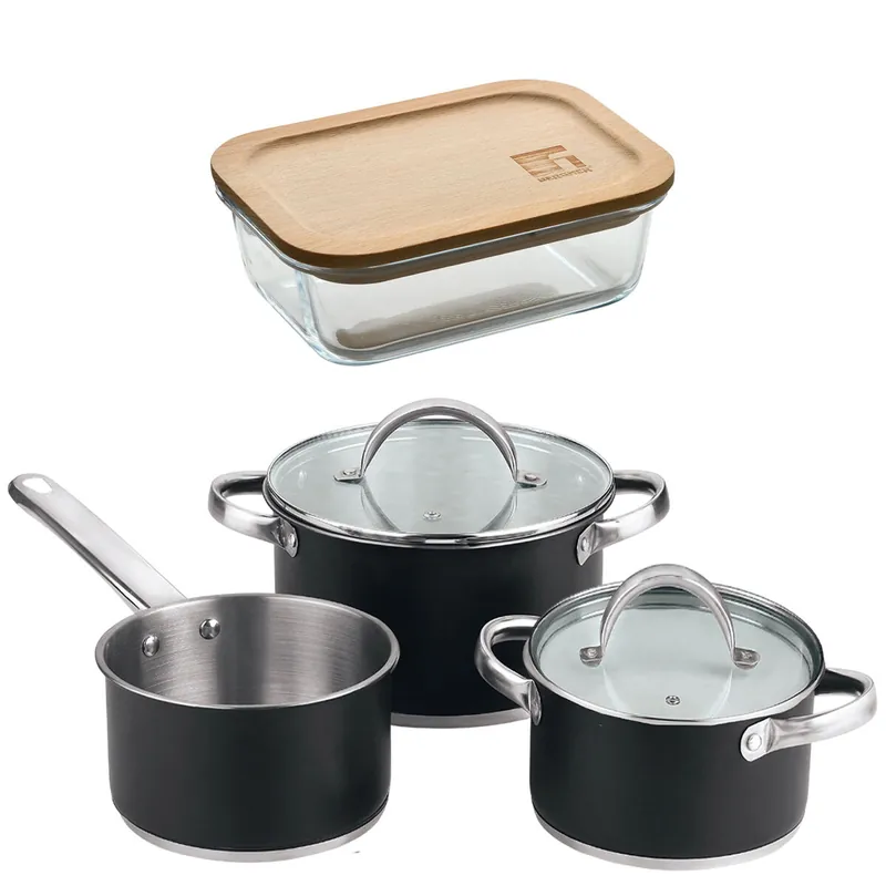 Bateria de cocina 5 pzs (2 cacerolas c/tapa + cazo) acero c/revestimineto+ Bergner NATURALLY Hermético de 650ml en vidrio de borosilicato