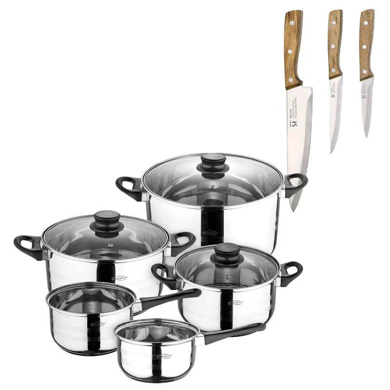 Batería de cocina de ocho piezas San Ignacio+ Set de 3 cuchillos de acero inoxidable para cocina NOIA San Ignacio