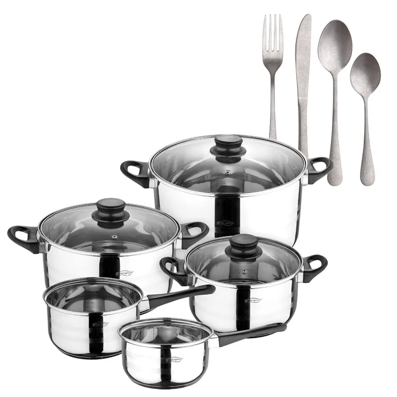 Batería de cocina de ocho piezas San Ignacio+ Set de 16 Cubiertos en Acero Inoxidable NOIA San Ignacio