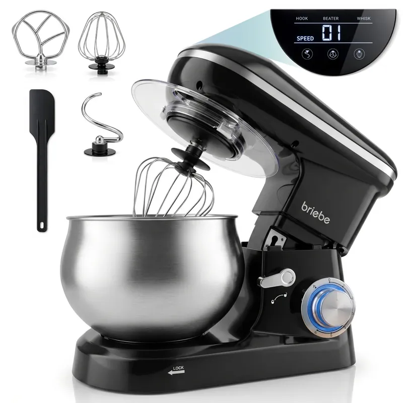 Briebe KM1164B Batidora Amasadora Repostería Profesional 5L+ Báscula Cocina 6 Velocidades + Pulso Pantalla LED, 1800, Negro - Electrodomésticos