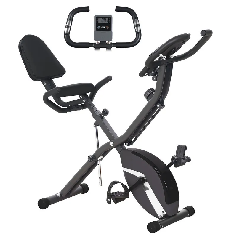 SPORTNOW Bicicleta Estática Plegable con Respaldo Bici Estática Silenciosa con 8 Niveles de Resistencia Magnética Sillín Regulable Volante Pantalla LCD Pulsómetro y Banda Carga 110 kg Negro - Deporte