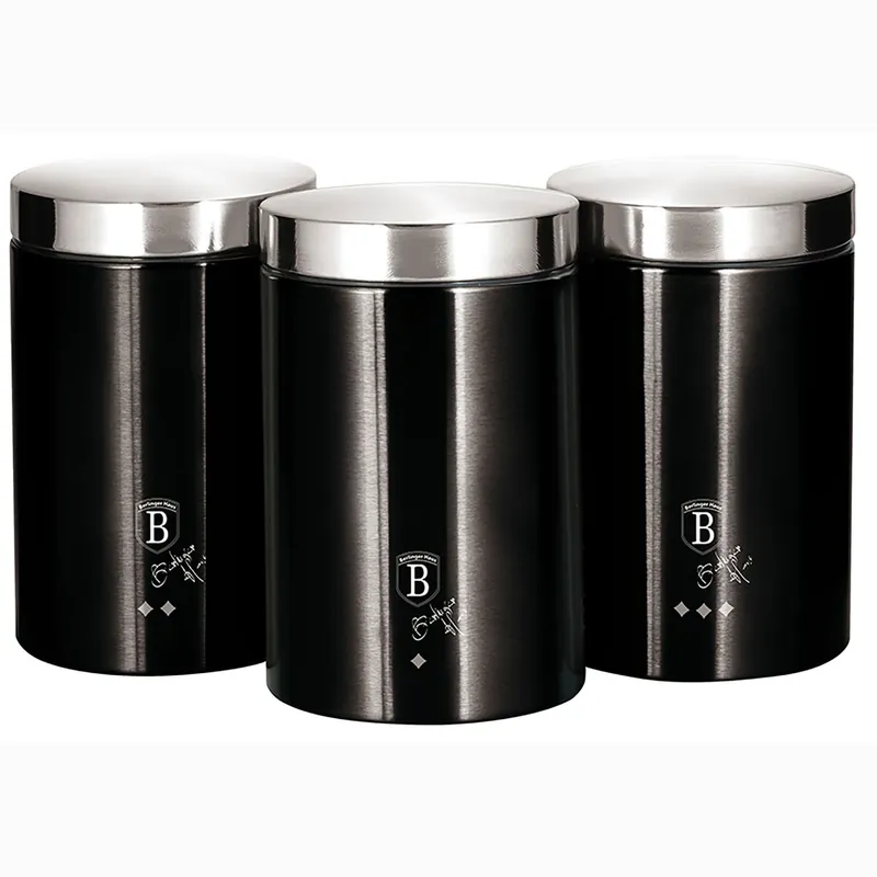 Berlinger Haus Black Silver Set 3 Botes Cocina Almacenaje Acero Inoxidable, Diseño Moderno, Ø11x17,8cm Especias, Té ,Café, , Acero Inoxidable / Negro