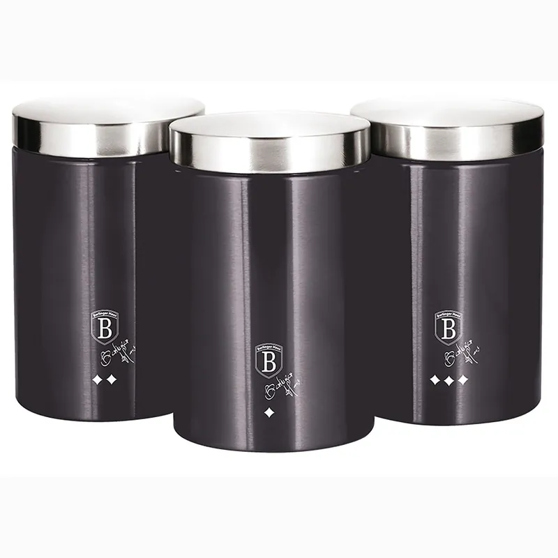 Berlinger Haus Carbon Pro Set 3 Botes Cocina Almacenaje Acero Inoxidable, Diseño Moderno, Ø11x17,8cm Especias, Té ,Café, , Gris Oscuro