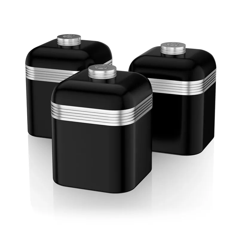 SWAN SWKA1020BN Retro Set 3 Botes Metálicos de Almacenamiento, 1 L, Acero Lacado, Especias, Té ,Café, Vintage, , Negro - Cocina