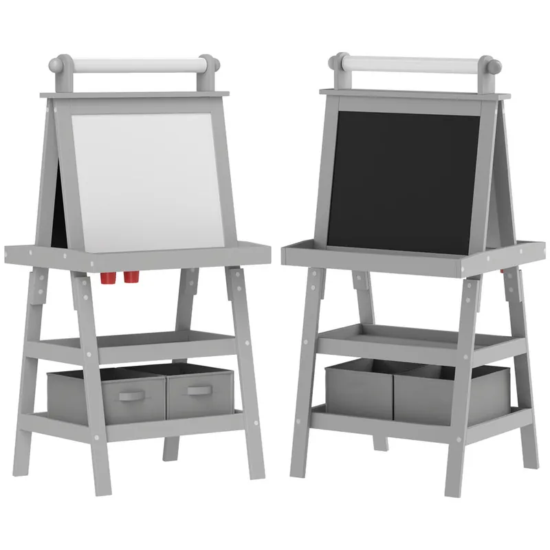 AIYAPLAY Pizarra Infantil Caballete 3 en 1 Pizarra Infantil de Doble Cara Magnética Caballete de Pintura para Niños con Rollo de Papel y Cestas de Almacenamiento 59x48x118 cm Gris - Jardín