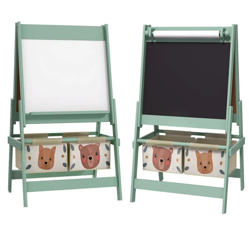 AIYAPLAY Caballete para Niños 3 en 1 Caballete Infantil de Doble Cara Caballete de Arte con Rollo de Papel Pizarras y 2 Cestas de Almacenamiento 54x46,5x93 cm Verde - Muebles