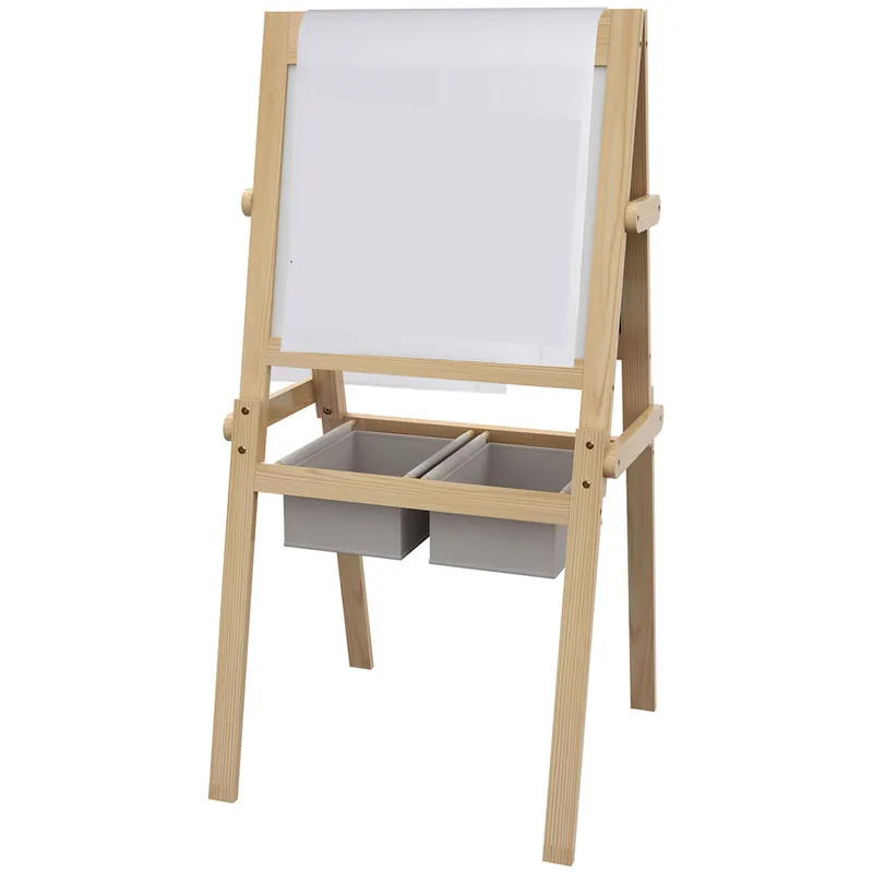 AIYAPLAY Caballete para Niños 3 en 1 Pizarra Caballete de Doble Cara Pizarra Blanca Caballete de Madera para Dibujo con Rollo de Papel y 2 Cestas 58x50,5x109 cm Natural - Muebles
