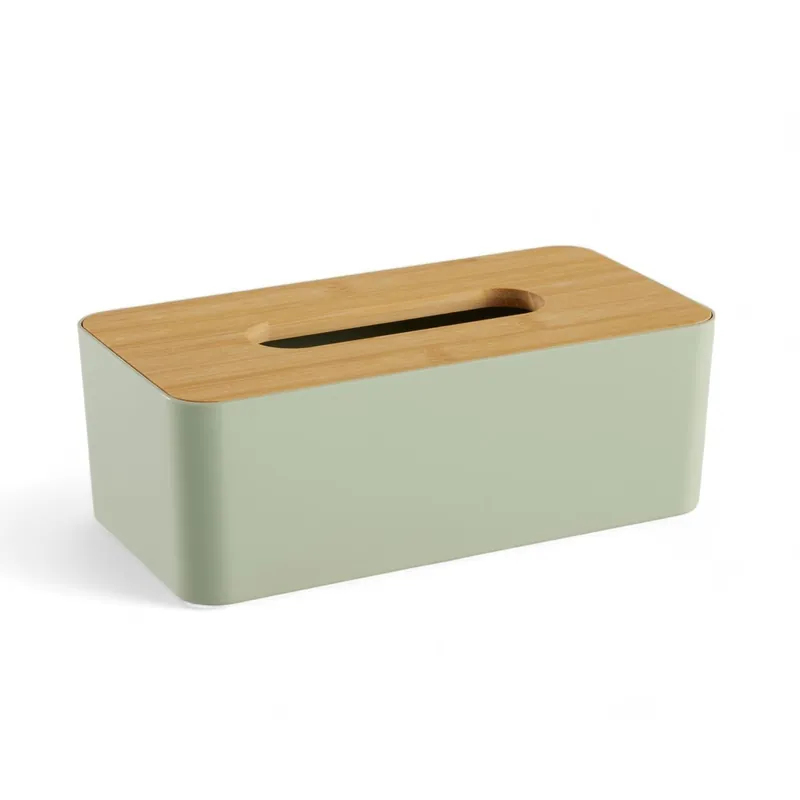 Caja PAÑUELOS de plástico con tapa de bambú verde 9x13x25cm - Baño