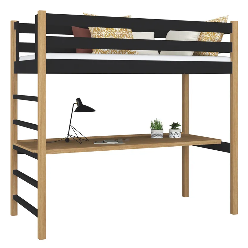 Cama alta de madera con escritorio N01 negro / roble - Descanso