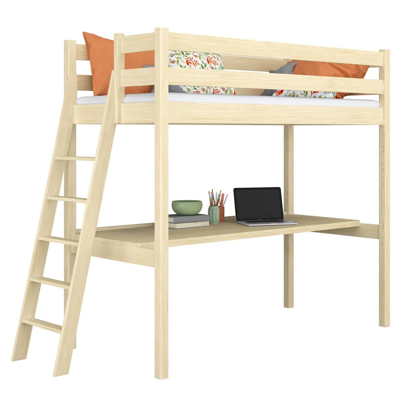 Cama alta de madera con escritorio N02 pino incoloro - Bebé