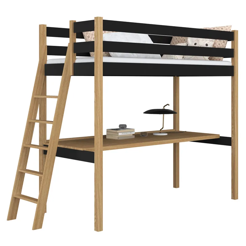 Cama alta de madera con escritorio N02 negro / roble - Descanso