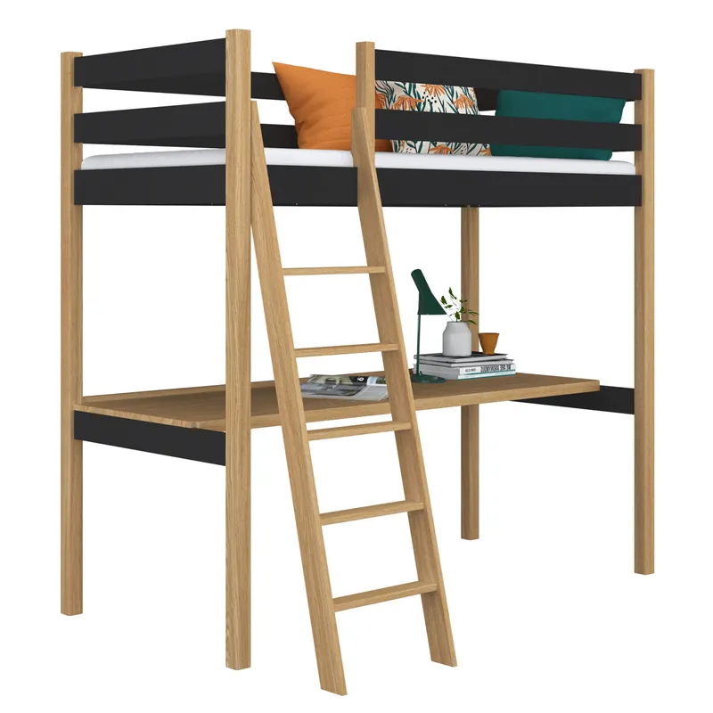Cama alta de madera con escritorio N03 negro / roble - Descanso