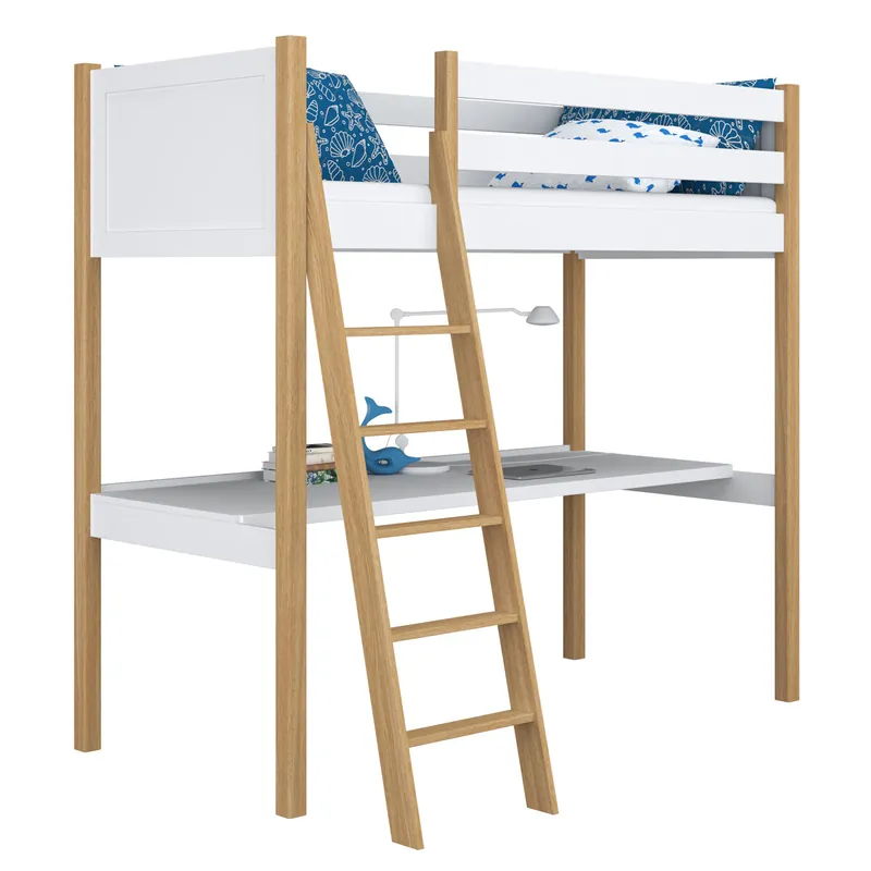 Cama alta de madera con escritorio N04 blanco / roble - Descanso