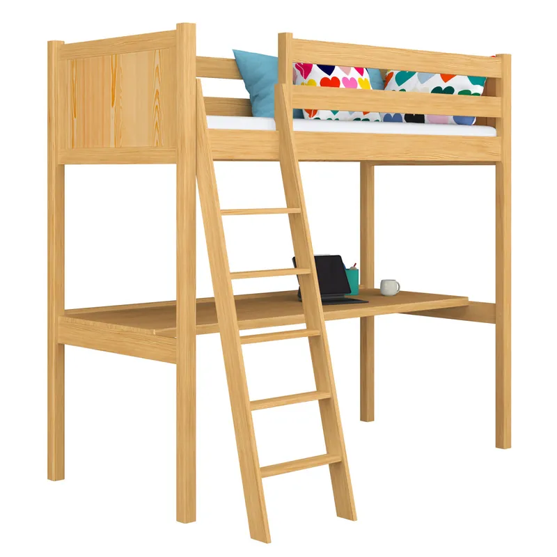 Cama alta de madera con escritorio N04 pino natural - Descanso