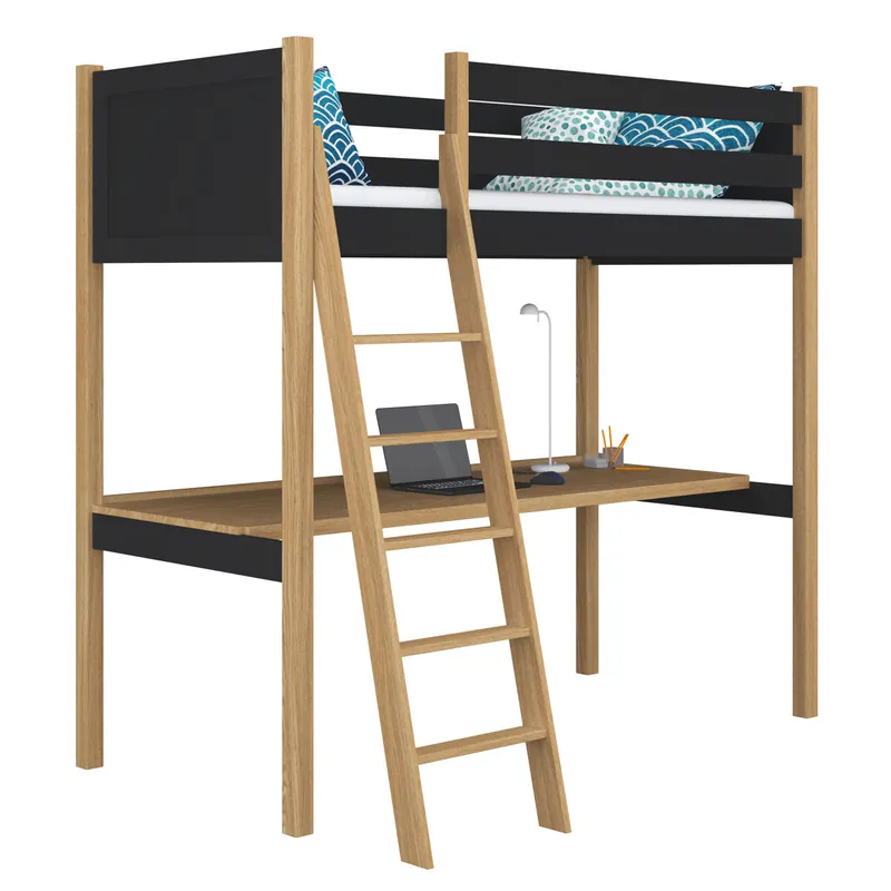 Cama alta de madera con escritorio N04 negro / roble - Descanso