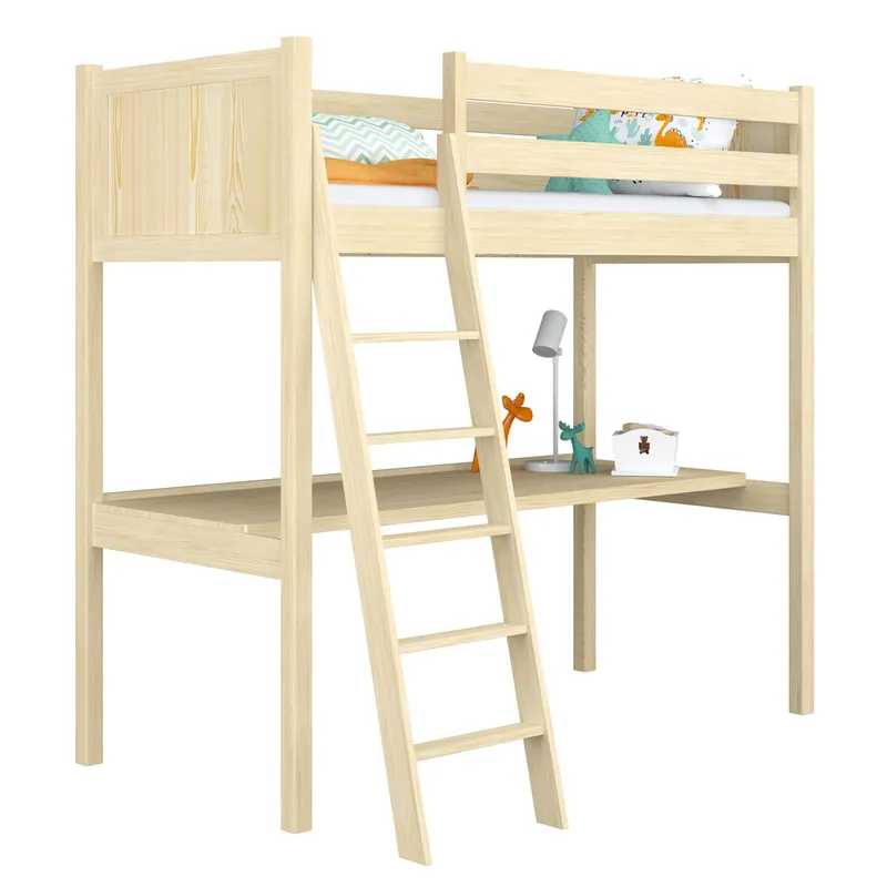 Cama alta de madera con escritorio N04 pino incoloro - Descanso