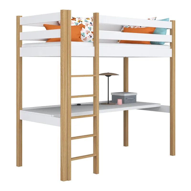 Cama alta de madera con escritorio N05 blanco / roble - Descanso