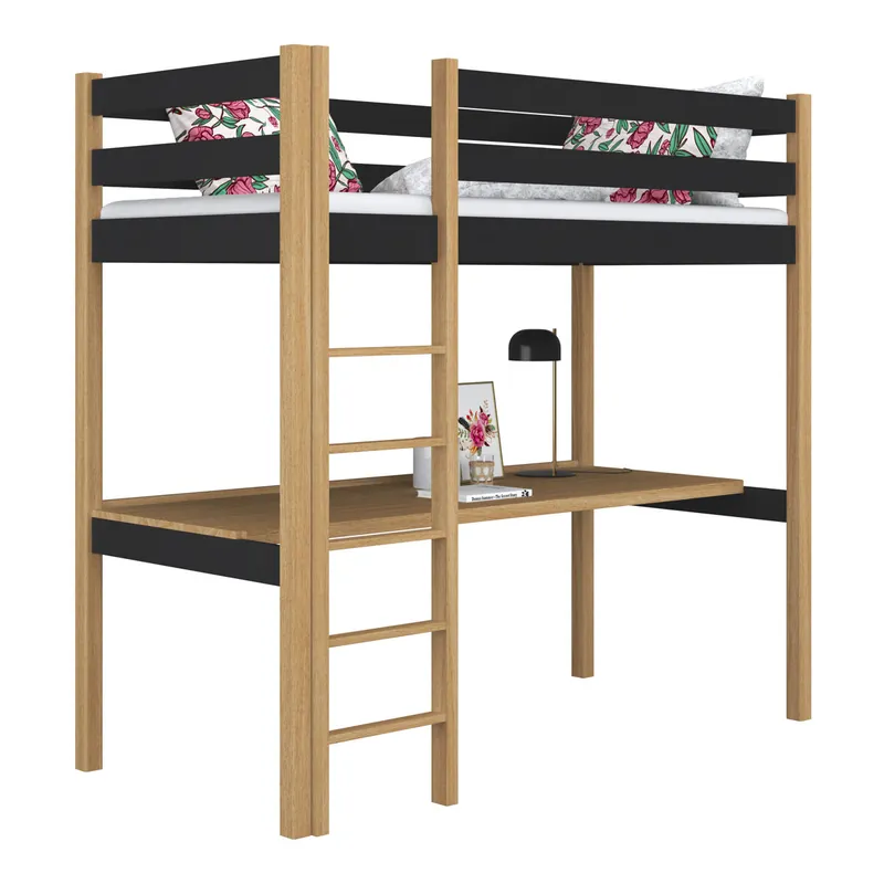 Cama alta de madera con escritorio N05 negro / roble - Descanso