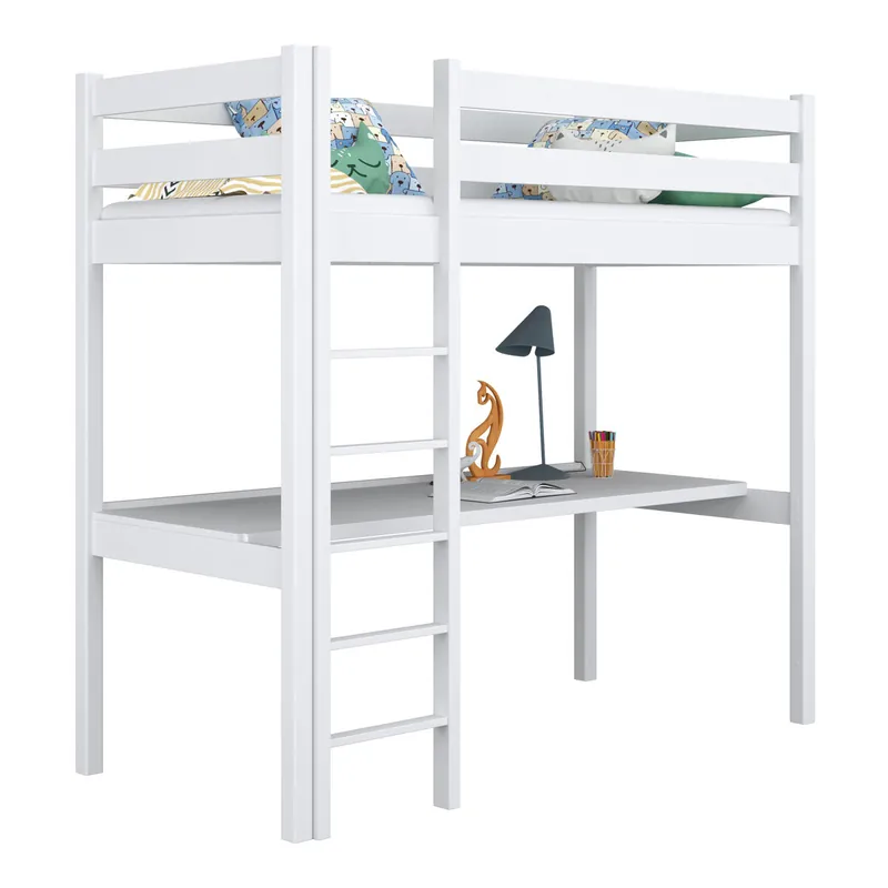 Cama alta de madera con escritorio N05 blanco - Descanso