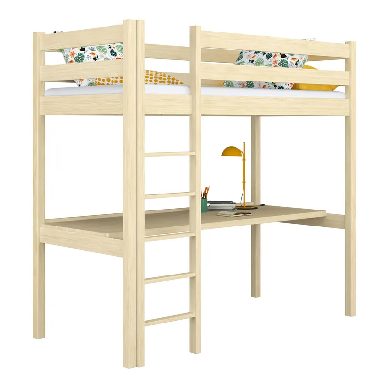 Cama alta de madera con escritorio N05 pino incoloro - Descanso