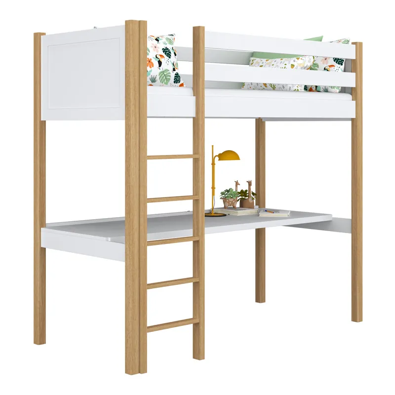 Cama alta de madera con escritorio N06 blanco / roble - Descanso