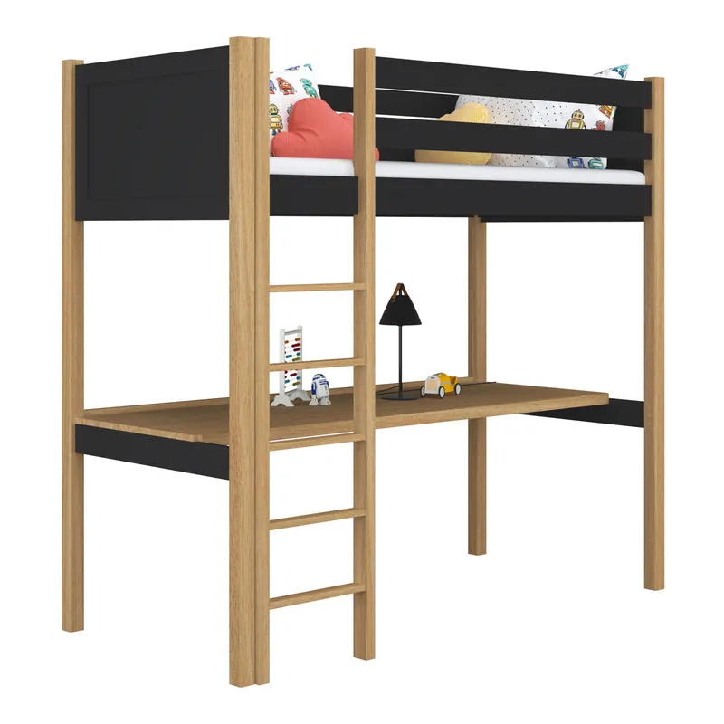 Cama alta de madera con escritorio N06 negro / roble - Descanso