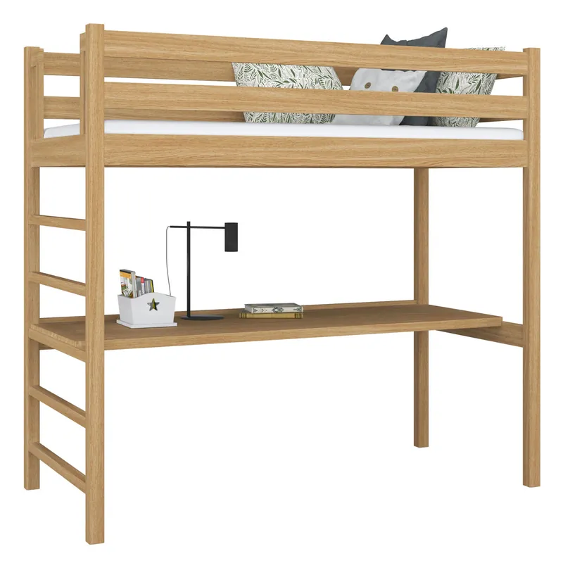 Cama alta de roble con escritorio N01 roble natural - Bebé