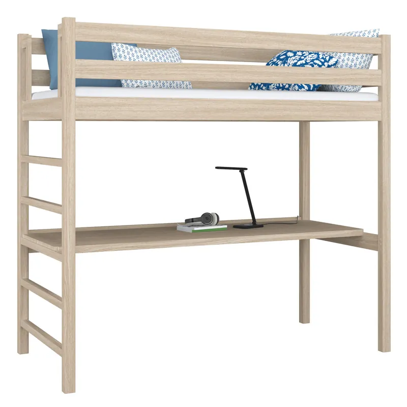 Cama alta de roble con escritorio N01 roble blanqueado - Descanso
