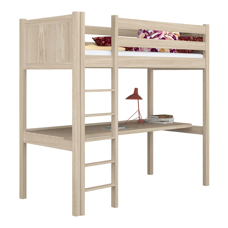 Cama alta de roble con escritorio N06 roble blanqueado - Descanso