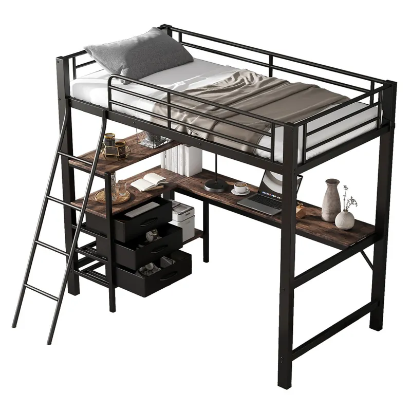 Cama alta infantil,cama individual de metal y panel de partículas 90x200cm con 3 cajónes,mesa,estante,escalera y protección contra caídas,negro - Descanso