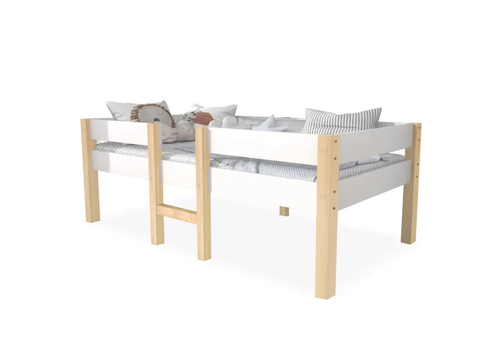 Cama infantil,cama alta,cama de media altura de madera de pino 90x190cm con escalera y protección contra caídas,blanco+color madera - Descanso