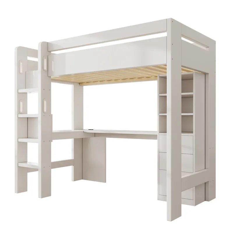 Cama alta infantil,cama individual de madera maciza 90x200cm con 3 cajónes,blanco - Descanso