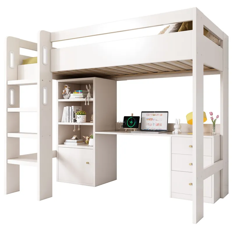 Cama alta infantil,cama individual de mdf y panel de partículas 90x200cm con 3 cajónes,blanco - Descanso