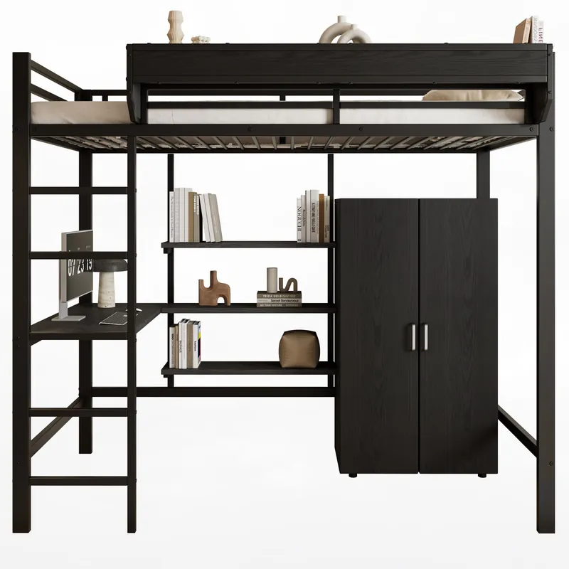 Cama alta infantil,cama individual de metal 90x200cm con mesa,armario,estante,escalera y protección contra caídas,negro - Descanso