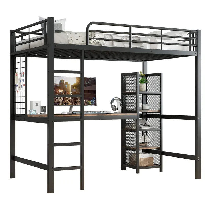 Cama infantil,cama alta de metal y mdf 90x200cm,negro+natural - Descanso