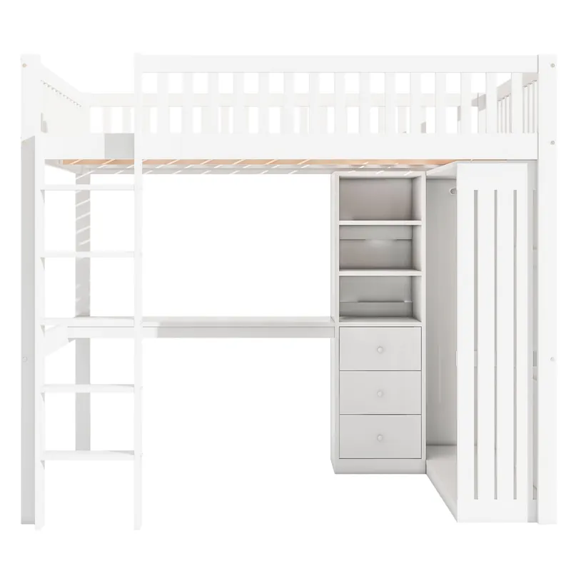 Cama alta de madera de 140x200 cm - con escritorio y armario - Blanco